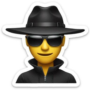 black hat hacker with bla sunglasses behind a computer sticker
