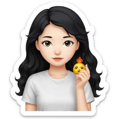 Cute beautiful girl,Black hair,wavy long hair, Black eyes, white T-shirt, Chinese  sticker