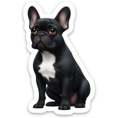 An all-black French bulldog with a white breast sticker