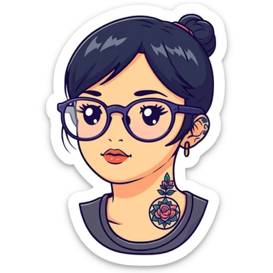 young girl with face tattoos wearing glasses and black hair sticker