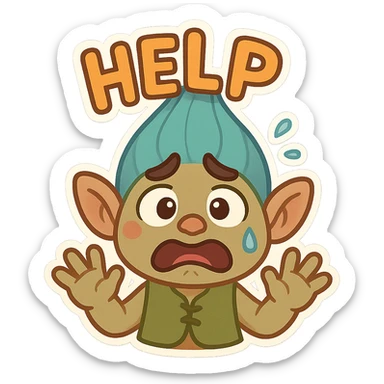 animated emoji of a worried troll character seeking help, expressive face, hands raised, cartoon style, colorful and playful sticker