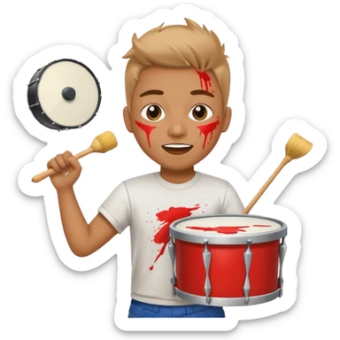 A loud fan, simple tee shirt with paint on his cheeks with a marching drum, beating it with enthusiasm sticker
