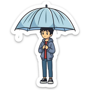 Anime-style teenage boy with dark hair standing in the rain, looking melancholic sticker