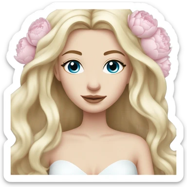 White bride with long light blonde hair and blue eyes with light pink peonies in hair white skin  sticker