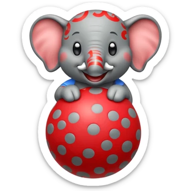 Create a cute emoji of a smiling cartoon elephant balancing a red patterned ball on its trunk sticker
