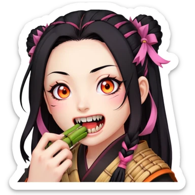Nezuko from Demon Slayer biting down on bamboo muzzle with teeth visible, pink eyes and black hair with orange tips sticker