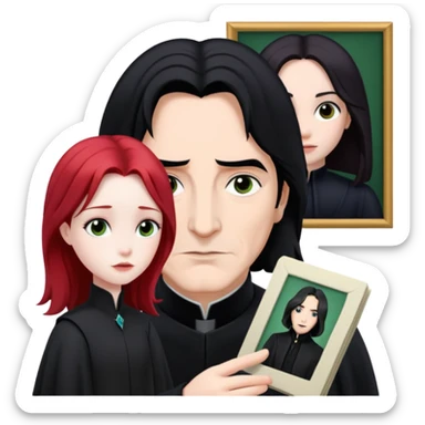 Severus Snape with black hair looking at a photo of Lily with red hair sticker