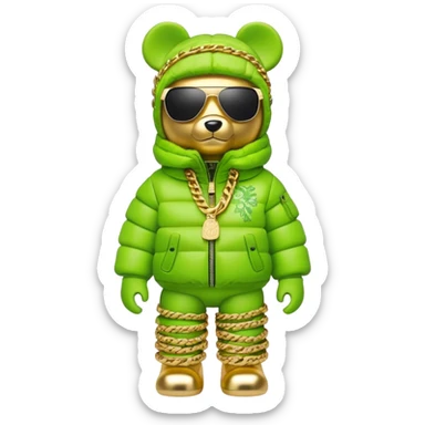 bearbrick figure with lime green grafitti-covered balaclava, voluminous puffer jacket with fur trim, single-piece wrap-around sunglasses, heavy gold chains, luxury streetwear style sticker