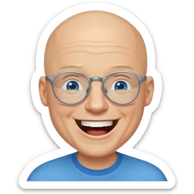 bald man with blue eyes and eye glasses laughing sticker