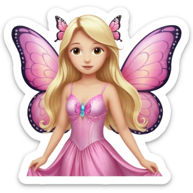 Detailed pink dress, long blonde hair, pink butterfly wings sticker