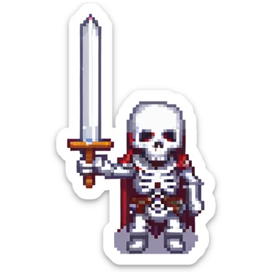 skeleton with a sword raised, pixel art style sticker