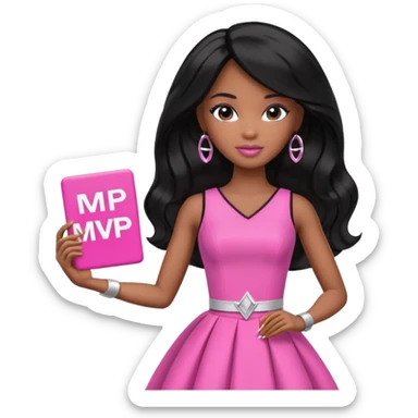 Black barbie, long black  hair, pink dress holding mvp sign  sticker