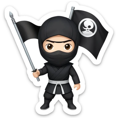 A ninja with black clothes holding a black flag with a white circle in the middle of the flag sticker