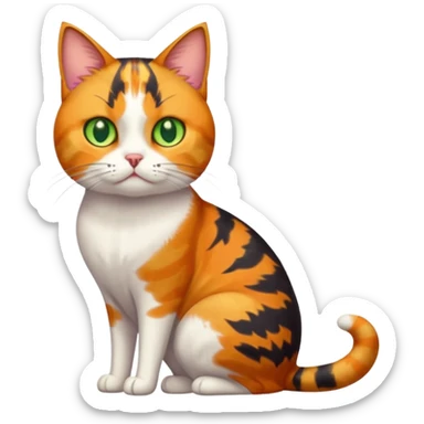 full body colourful calico tabby cat with skinny head and fat body with an anxious face sticker