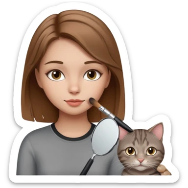 A image of a girl with light brown hair doing her makeup with her grey tabby cat sticker