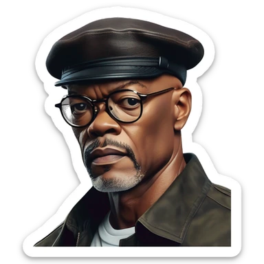bald samuel l jackson serious wearing shirt and beret sticker
