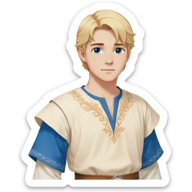 Medieval summer outfit worn by a DnD themed fantasy male character. Light cotton tunic in natural cream color with short sleeves, embroidered with simple floral patterns at the hem, paired with a thin leather belt. Clothes only above the waist, full waist coverage. The character has no arms. Character is white-skinned with golden blonde hair styled in a classic page-cut that falls just above the ears, slightly longer in the back, bright blue eyes, and youthful features. sticker