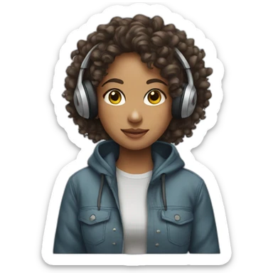A curly-haired girl with headphones, a hoodie and earrings sticker