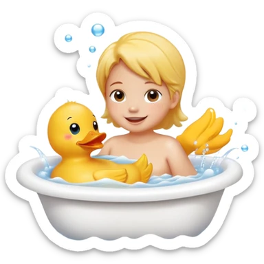 child splashing in a bathtub with rubber duck and bubbles, happy face sticker