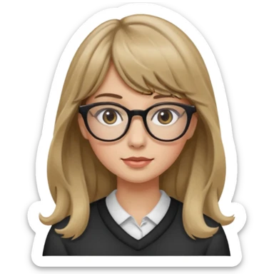 Uma garota de cabelo ondulado loiro escuro,mas com franja lisa e olhos pretos,usa óculos e a cor de pele branca,e o cabelo LONGO sticker