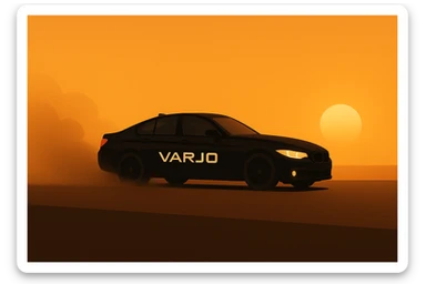 Simplified scene with a black car featuring the Varjo logo on the door, dust rising from the tarmac, minimal details, clean and clear composition. sticker
