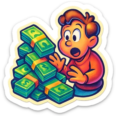Top Gear sticker showing a pile of money with a surprised character, lively and bright sticker