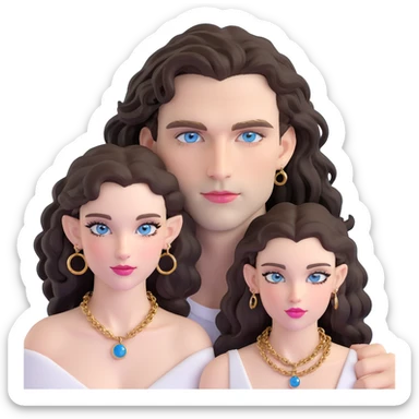 attractive couple in nightclub, colorful lights, woman with big blue-grey eyes, long lashes, pale skin, pink lips, long voluminous dark brown curls, gold hoop earrings, tiniest possible top barely covering, next to handsome man with intense blue-grey eyes, chiseled features, pale skin, confident smirk, dark brown styled hair, gold chain, minimally dressed showing maximum skin, dancing intimately sticker