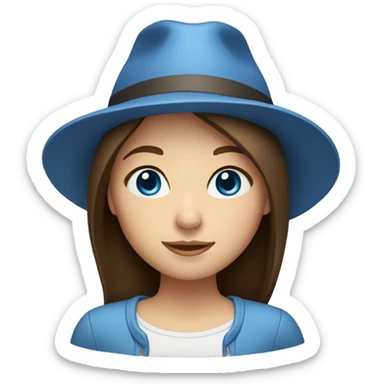 A girl with straight brunette hair blue eyes and hat sticker