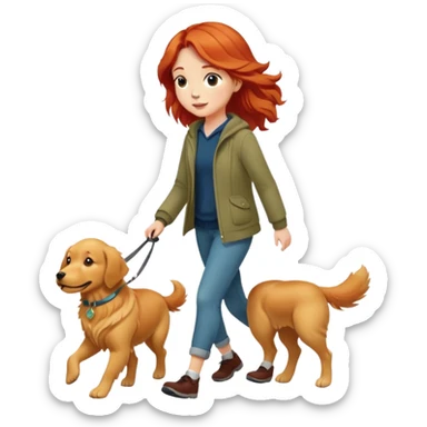 A red short-haired girl walking a golden retriever sticker