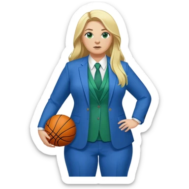 Full Body white plus size female basketball head coach with long blonde hair in a blue and green suit sticker