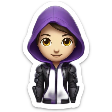 Girl developer behind his laptop with this style : Crytek Crysis Video game with nanosuit purple character purlple black hooded hacker themed character sticker