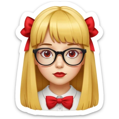 yellow skin girl with long straight hair, bangs, red bow on hair, square glasses sticker