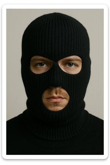 a white man in a black ski mask, close-up, plain background sticker