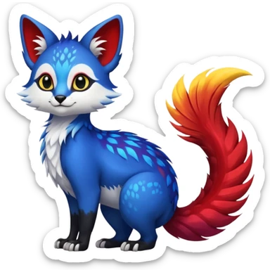 Feral Rare Fantasy vibrant tropical exotic cobalt-blue-crimson-red-black-white-yellow-gradients, Vernid-Trico-species-creature by LiLaiRa, random markings, tufted tail, tufted ears, full body sticker