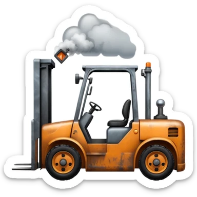 ugly, broken forklift with clouds of smoke around sticker