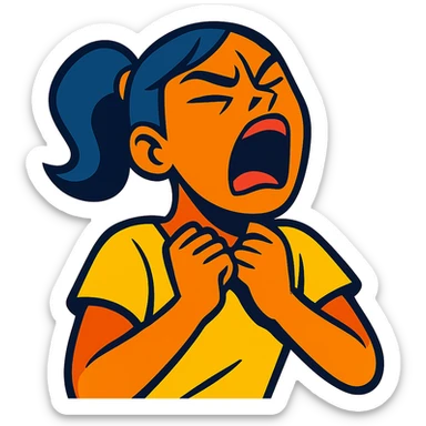 girl expressing intense emotion with hands near her neck, dramatic facial expression, vibrant toon style sticker