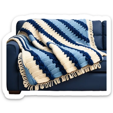 detailed, hyperrealism, still life style, beautiful realistic blue, pastel blue  and cream ultra chunky wool blanket laying over a dark sofa, with one decorative realistic 3d vintage patterned pillow sticker