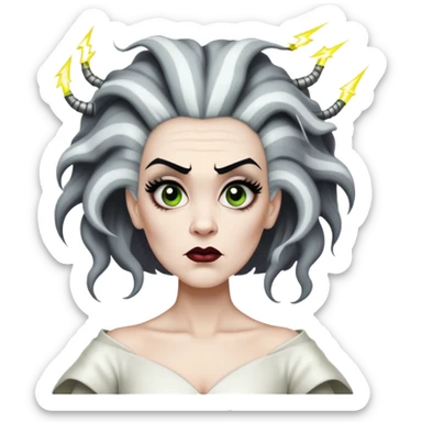 Bride of Frankenstein with tall black and white hair with lightning streaks sticker