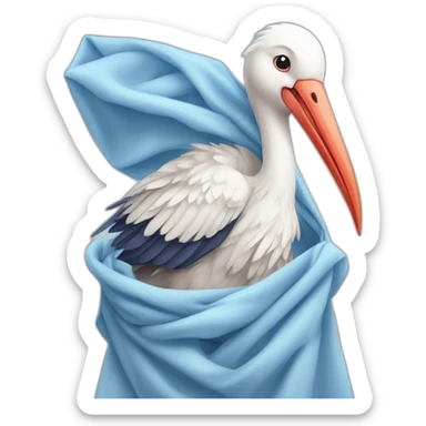 White stork carrying a blue bundle of cloth in its beak that has a human person cute baby human and the human baby head is peeking from the fabric the strok is carrying in its beak sticker