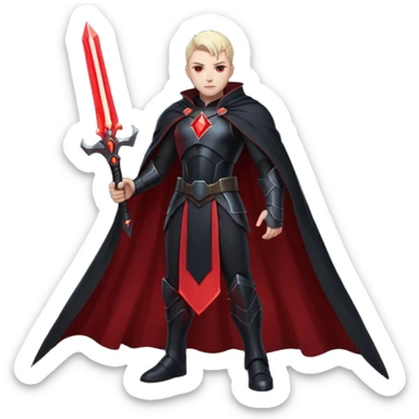 dark sci-fi villain human, black armor, long cape, glowing red energy sword, dramatic pose, 3D cartoon, mobile game icon style, clean background, no text sticker