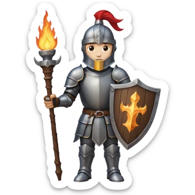 knight holding a wooden torch in hand wearing darker, realistic iron armor sticker
