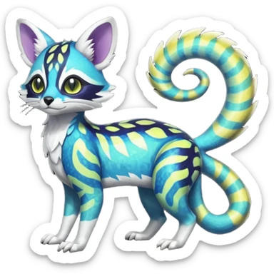 Rare realistic neon-colored iridescent shiny warm-colored lush tropical exotic cute epic pretty beautiful handsome gorgeous aesthetic colorful vibrant Vernid-Protogen-Primagen-Wickerbeast-Genet-Trico-species-Fakemon-hybrid-creature by LiLaiRa, beautiful intricate markings, full body sticker