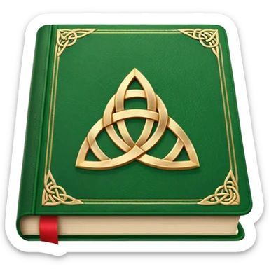 a green closed book with a golden triquetra on it with a red ribbon between the paged sticker
