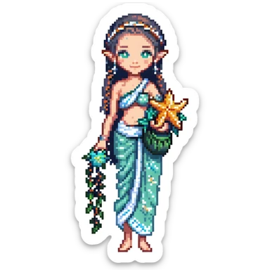 elf female Sarong with bioluminescent embroidery, armful of starfish, hair in a braid with pearl pins sticker