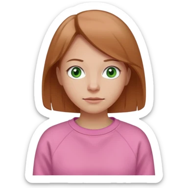  Una donna con una felpa semplice rosa, senza cappuccio. i capelli sono lunghi fino alle spalle marroni chiaro,gli occhi sono verdi e la bocca è contenta ma non sorride sticker