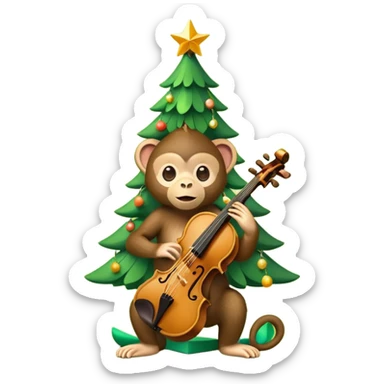 A cute, minimal emoji-style Christmas tree with a bright green triangular shape decorated and a small playful monkey with a violin sticker