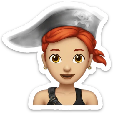 Woman red hair, left side of head is shaved, tattoo on left side of head, pirate hat, skull and crossbones t shirt sticker