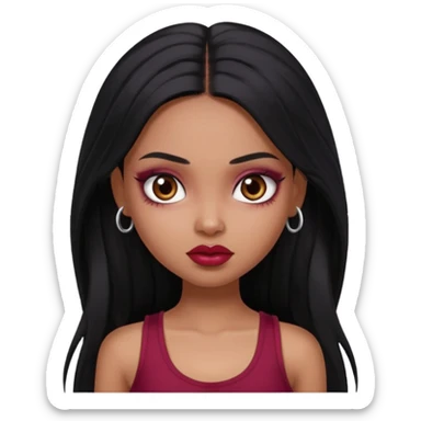 a pretty bratz girl with long black hair, kajal under eyes, small silver hoop. Dark cherry red tank top on.  sticker
