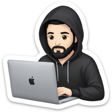 hackeur blanc cheveux noir barbe et capuche noir avec un macbook sticker