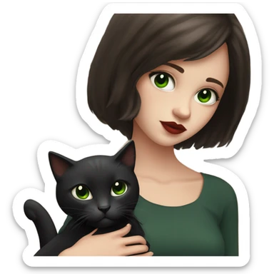 A teenage girl with white skin, she have some green hazel eyes, red lipstick, mid long straight dark brown hair, she have an eyeliner and she is holding a black cat in her arms, view from close sticker